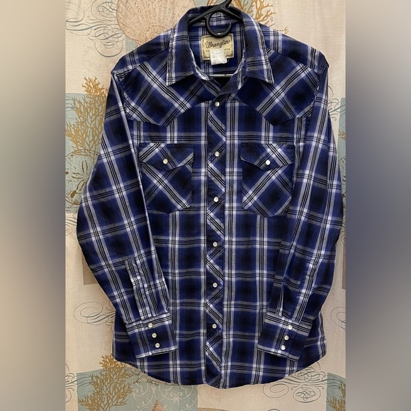 Wrangler Western Pearl Snap Womens Blue Plaid Cowboy Rodeo Shirt Collared Med - Picture 2 of 12